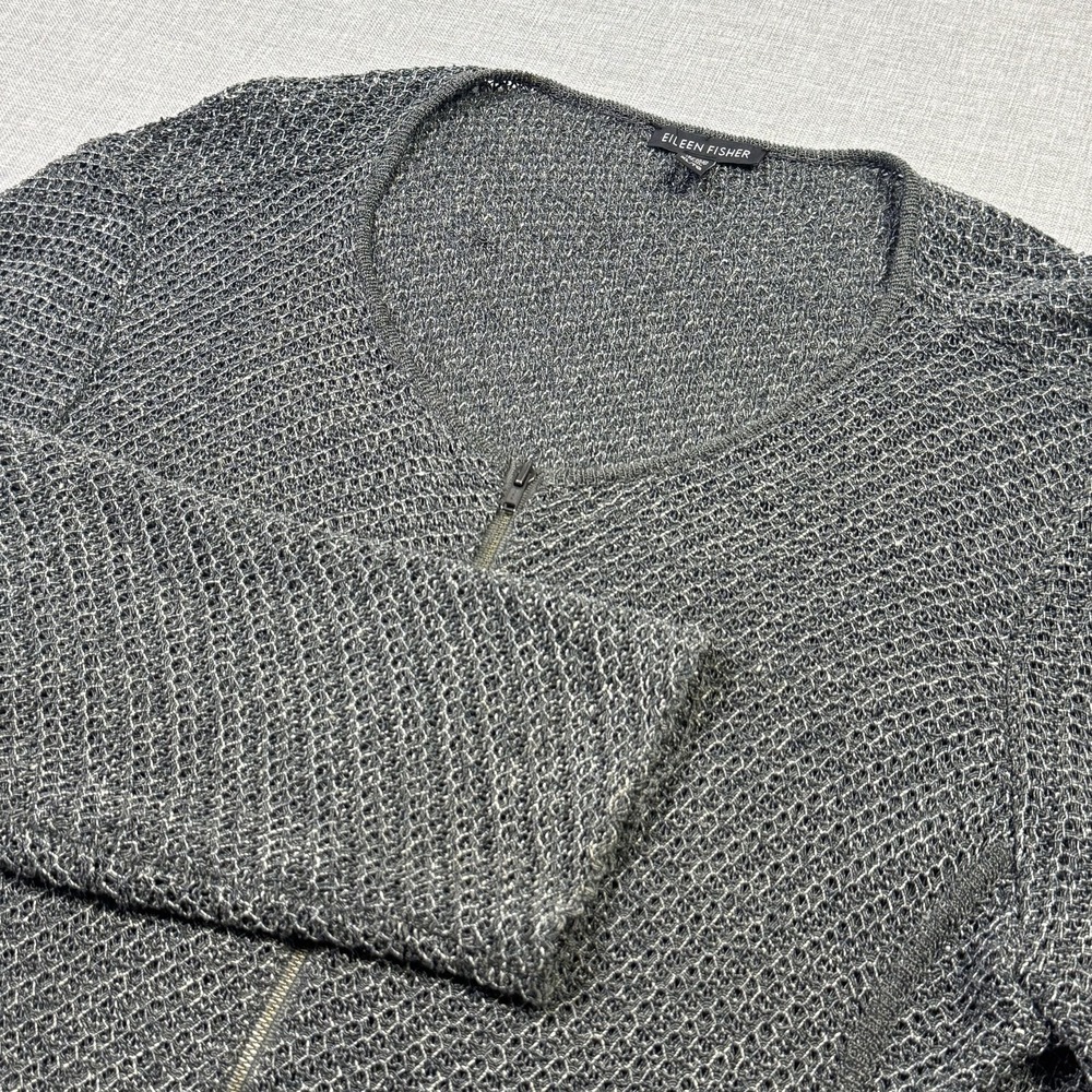 Eileen Fisher Sweater‎ Womens Medium Gray Open-Knit Full Zip Lightweight